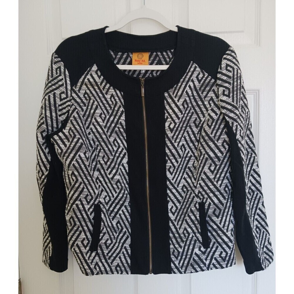 Ruby Rd Blazer Jacket Zip Long Sleeve Tribal Printed Black White 14